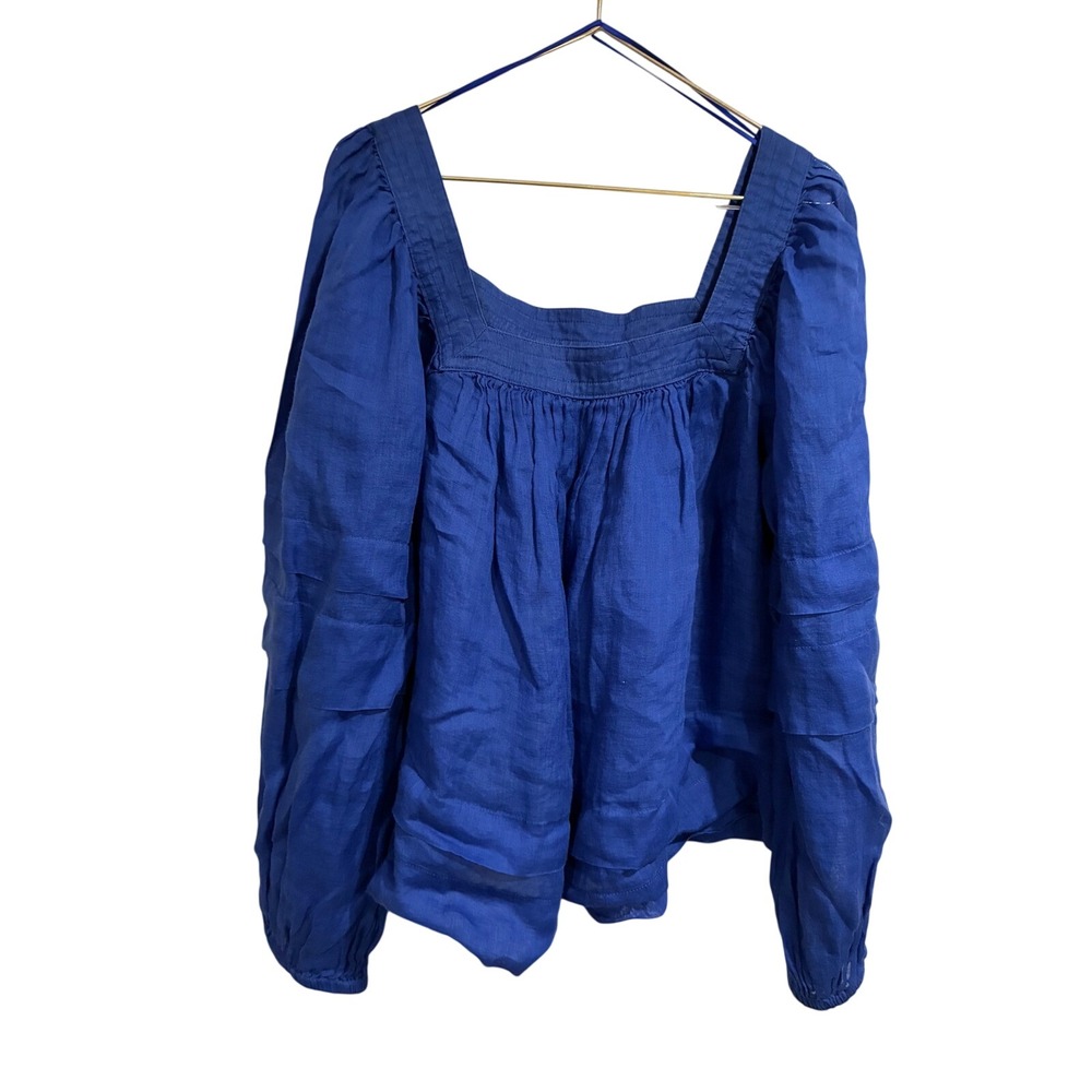 Banana Republic Blue Ramie Puff Sleeve Square Neck Blouse Small